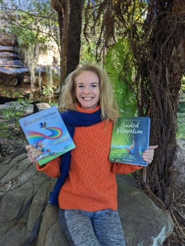 Katie Brown with her books: Guided Relaxation and the Relaxation Rainbow