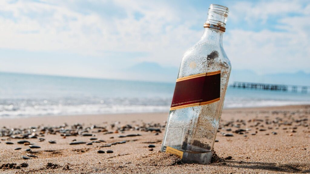 Dry July Testimony Bottle by the shoreline